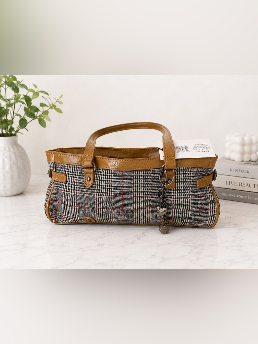 Steve Madden: Classic Plaid Shoulder Bag with Tan Leather Trim and Charm Accents